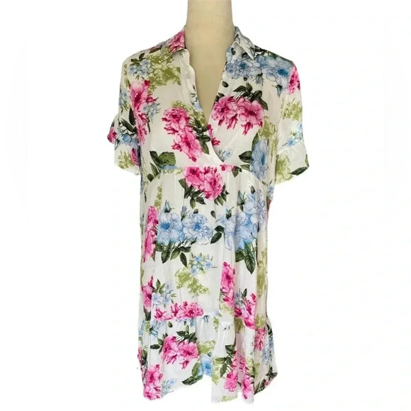 Umgee Floral Print Collared Tiered Flutter Sleeves Women Mini Dress Size S‎ - Picture 1 of 7
